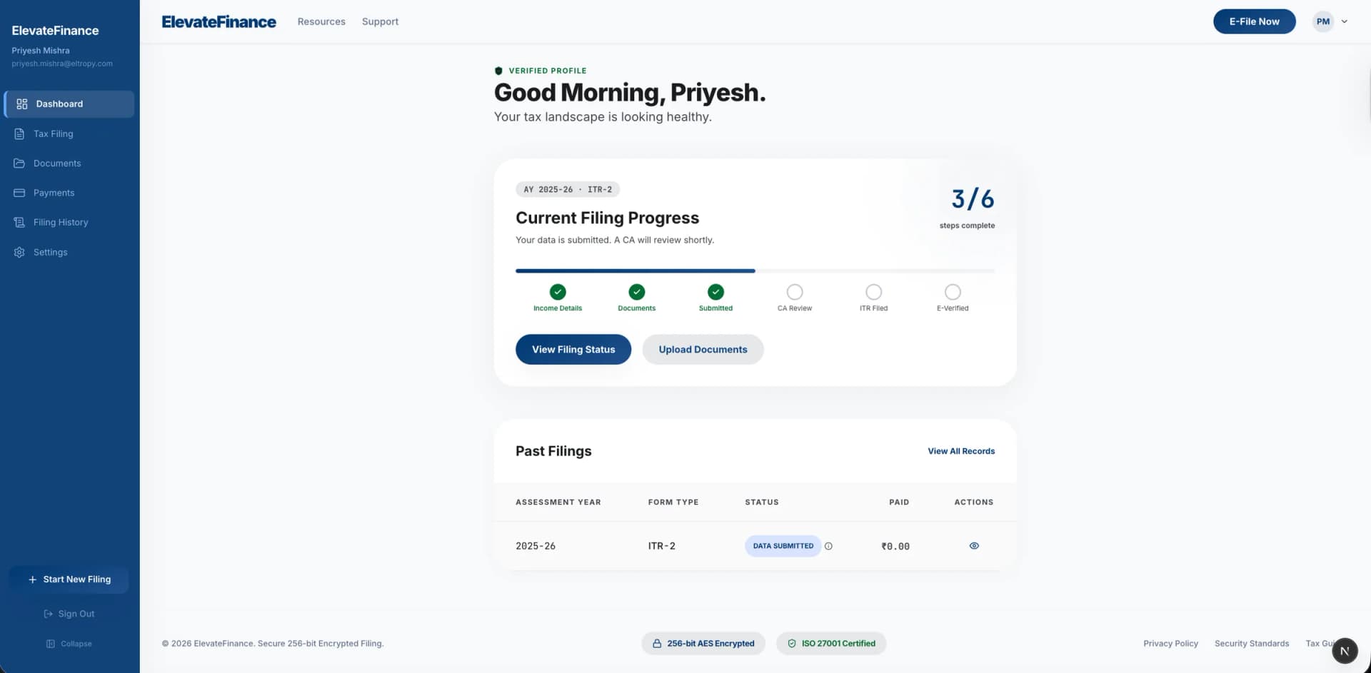 ElevateFinance customer dashboard showing filing progress and past filings